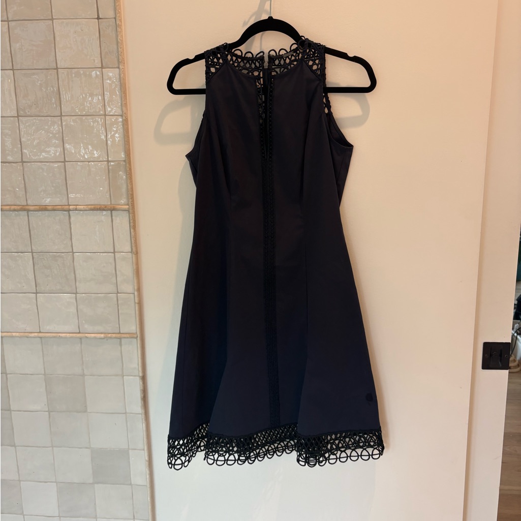 Elie Tahari Navy Midi Dress With Black Lace